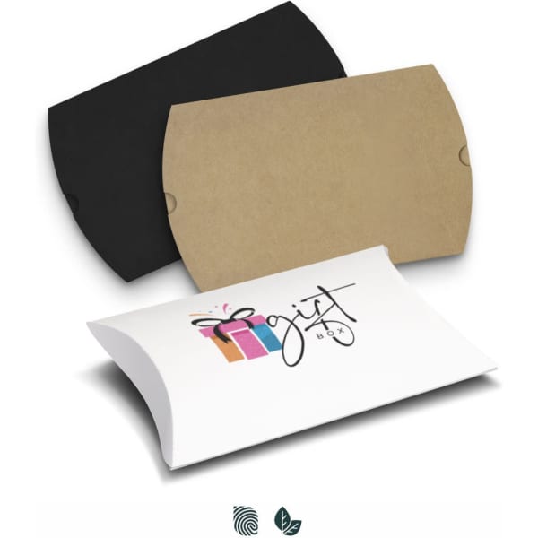 Three medium pillow boxes in black, kraft, and white with a logo design.