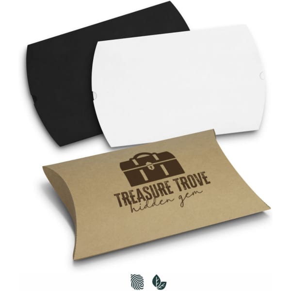 A large pillow box set in black, white, and kraft paper, featuring a logo on the kraft version.
