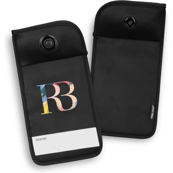 A black lockable phone pouch with a colourful logo and a space for a name. It features a snap button closure.