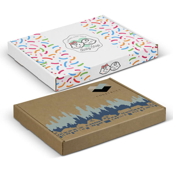 A white die cut box with colourful confetti pattern on top and a brown box featuring a city skyline design.