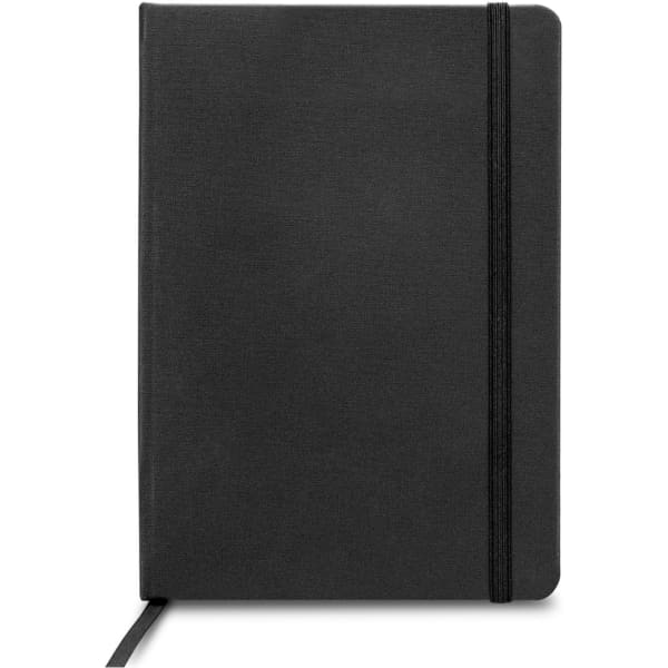 A5 daily diary in black with an elastic band closure and bookmark ribbon. Features a simple, sleek design.