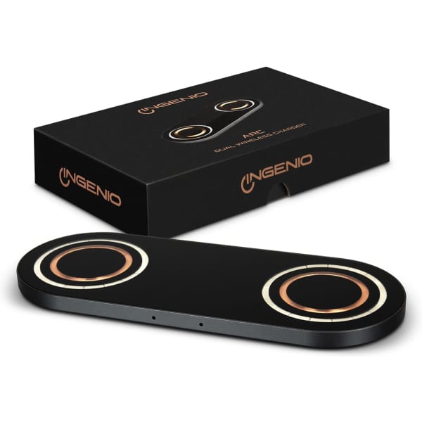 A sleek black dual wireless charger with circular charging pads, accompanied by a matching box featuring a logo.
