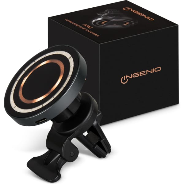 A wireless car charger in black with a gold ring design, placed next to its packaging featuring a logo.