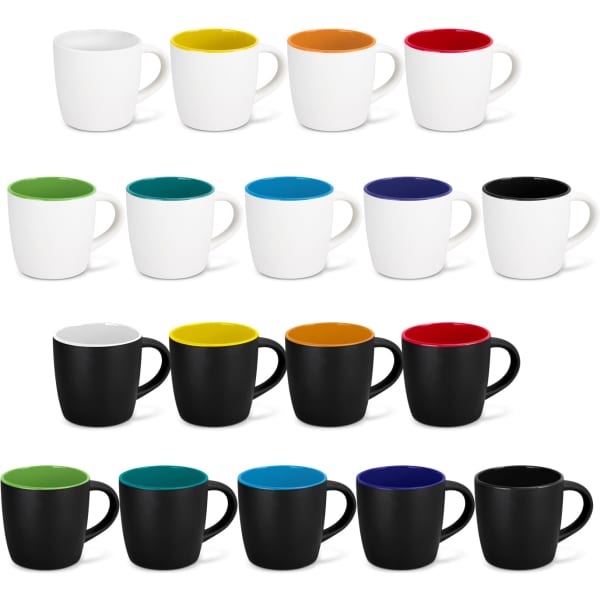 A collection of two-tone coffee mugs in various colours, including black, white, blue, green, orange, and red.