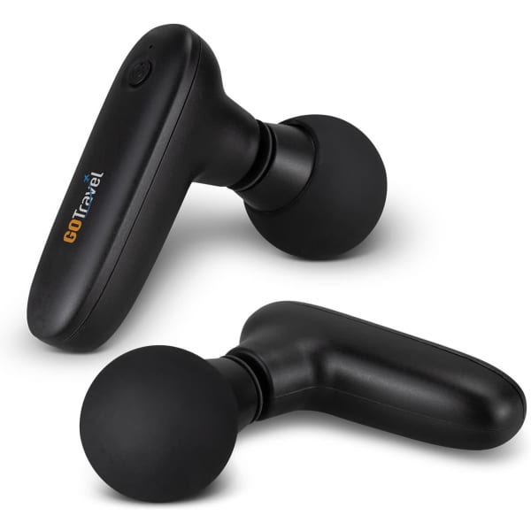 A compact handheld massager in black, featuring a sleek design and round massage heads. It has a logo on the side.
