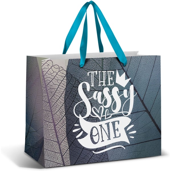 A large paper bag featuring a full colour design with teal ribbon handles and a textured leaf pattern.