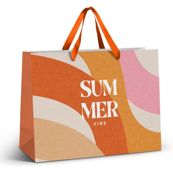 A large paper bag featuring orange, pink, and cream waves, with orange ribbon handles and a logo.