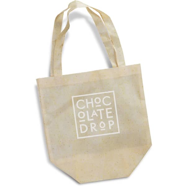 A small natural look tote bag in a light beige colour, featuring a logo on the front.