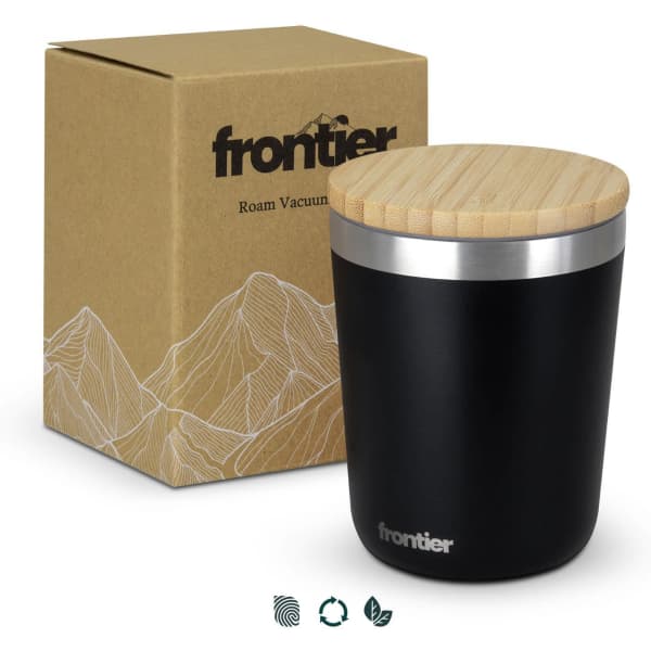 A drink bottle with a black exterior and wooden lid, accompanied by a plain cardboard box featuring a logo.