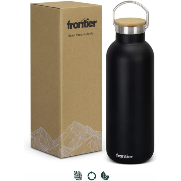 A drink bottle in matte black with a stainless steel lid, accompanied by a cardboard box featuring a logo.