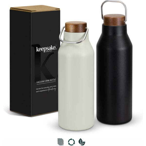 A drink bottle set featuring a matte white and a matte black vacuum bottle, each with a wooden lid, presented in a box.