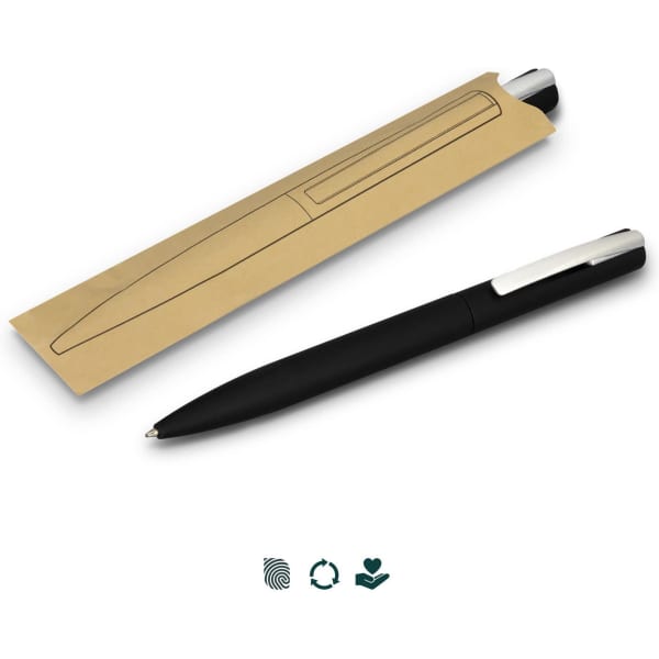 A sleek black metal pen resting on a brown paper packaging, featuring a silver clip and logo.