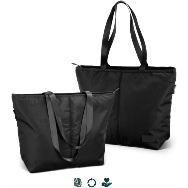 A black tote bag with dual handles and a zippered top, featuring a logo on one side.