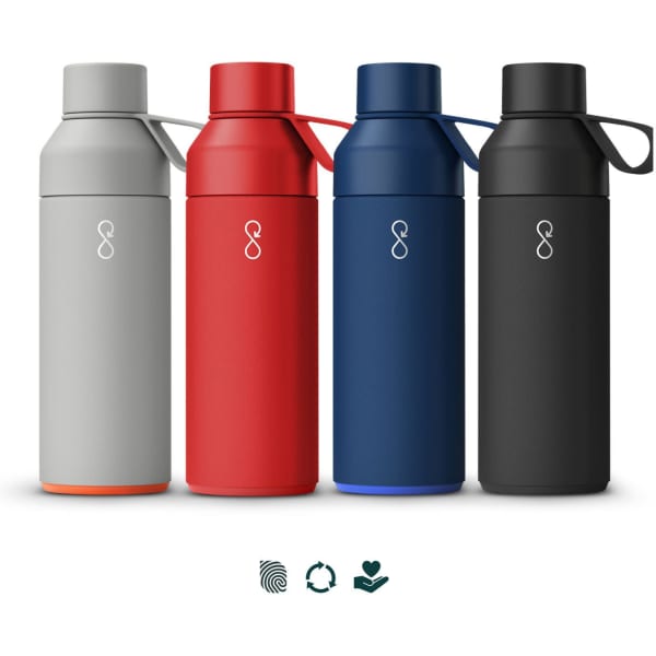 A drink bottle in grey, red, blue, and black, featuring a sleek design and a carrying strap. It has a logo.