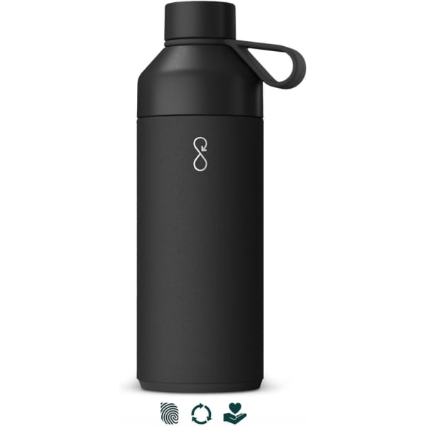 A drink bottle in matte black with a screw-on lid and a holding loop. It features a logo on the front.