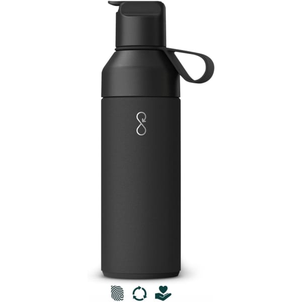 A drink bottle with a sleek, black design, featuring a spout lid and a carrying handle. It has a logo on the front.