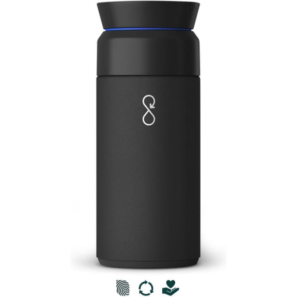 A drink bottle in black with a tapered design and a blue accent. It features a logo on the front.