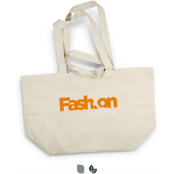 A beige tote bag with orange branding and long, sturdy handles. It features a large logo design.