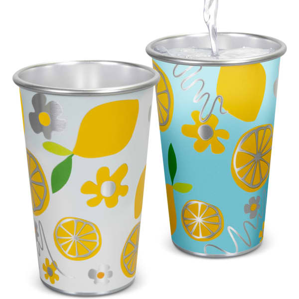 A pair of plastic tumblers featuring colourful lemon and flower designs in yellow and blue, with branding on the surface.