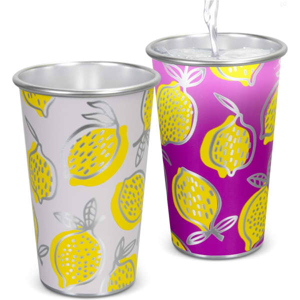 A drink cup set featuring two designs with vibrant lemon patterns in yellow and purple hues. Each cup has a metallic finish and a logo.