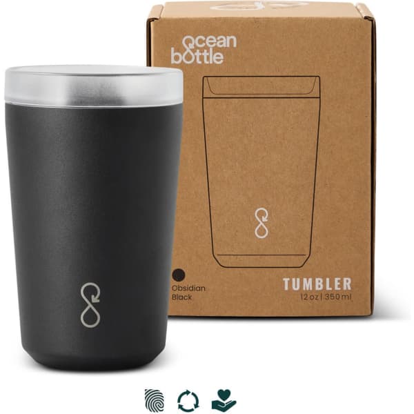 A drink bottle in obsidian black, featuring a logo, alongside a cardboard box.