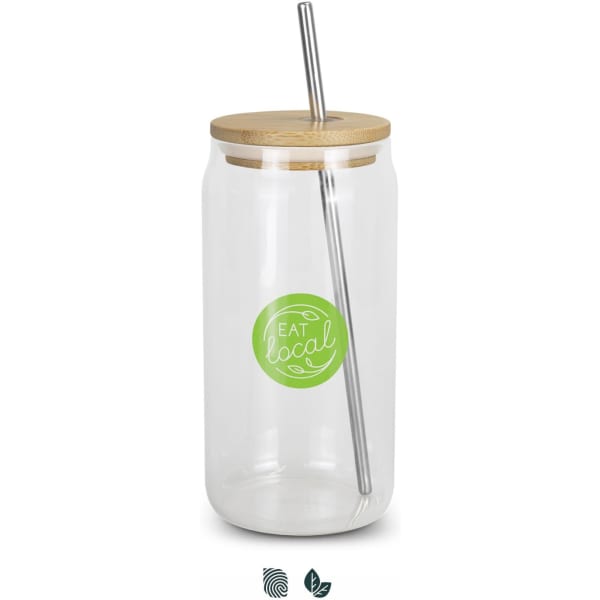 A glass tumbler with a bamboo lid and stainless steel straw, featuring a green logo design.