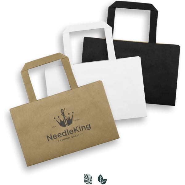 A set of small flat handle paper bags in brown, white, and black, each featuring a logo.