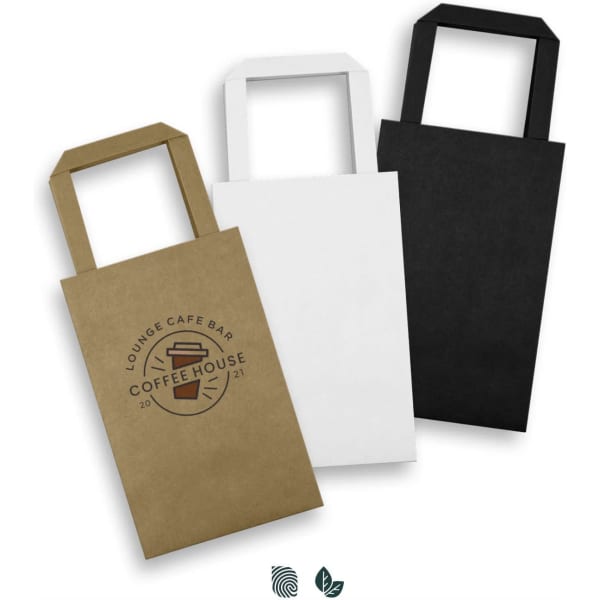 A set of three small flat handle paper bags in brown, white, and black, featuring a logo on one bag.