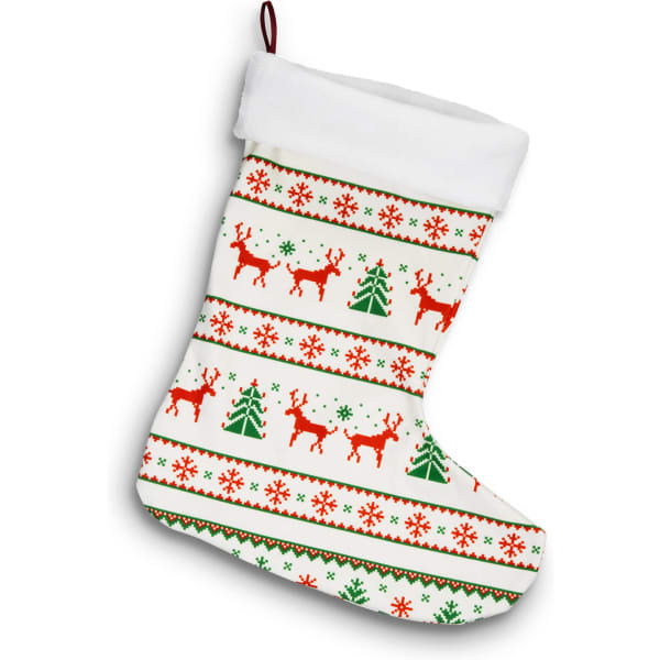 A festive white Christmas stocking featuring red reindeer, green trees, and snowflakes in a patterned design. 