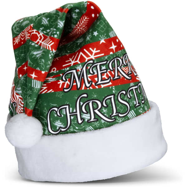 A festive Santa hat in red and green with white trim, featuring a Christmas design and a logo on the side.