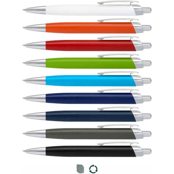 A collection of metal pens in various colours: white, orange, green, red, blue, turquoise, navy, black, and grey. Each pen has a clip and features a logo.