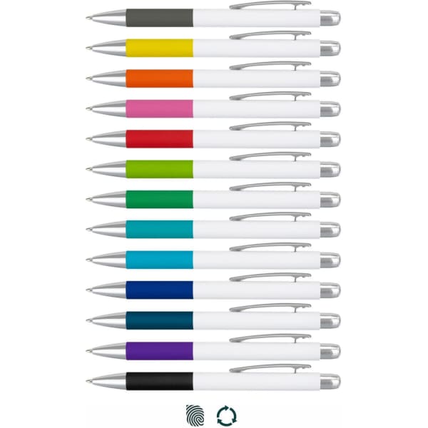 A collection of metal pens featuring white barrels and coloured grips, including orange, purple, blue, pink, green, and black.