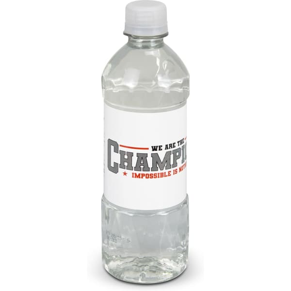 A drink bottle made of clear plastic with a white cap, featuring a logo on the front.