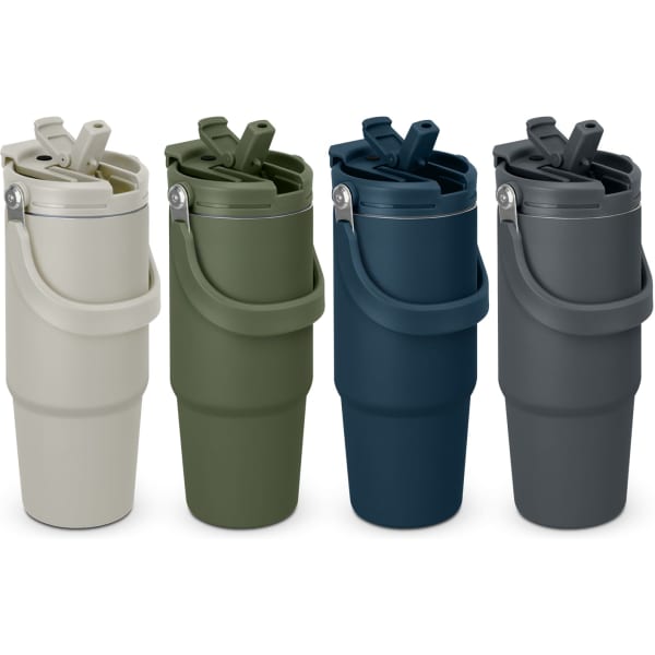 A drink bottle featuring a sleek design, available in four colours: cream, olive green, navy blue, and dark grey.