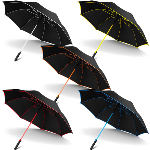 A set of five black umbrellas featuring coloured accents in yellow, orange, red, and blue, each with a branding logo.