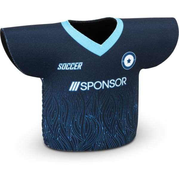 A drink bottle can cooler shaped like a soccer jersey, featuring a navy blue design with light blue accents and a logo.