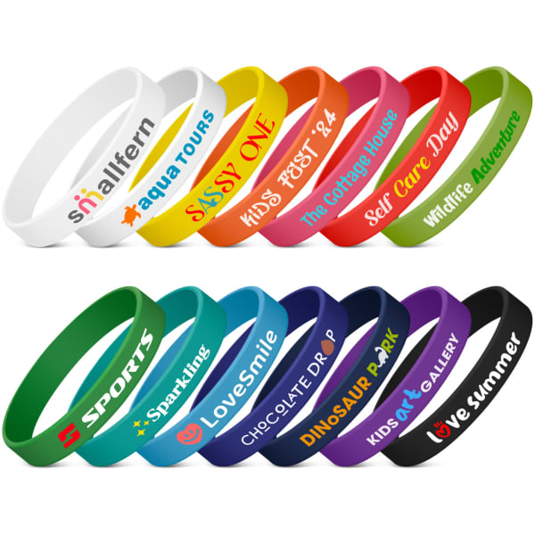 A collection of colourful silicone wristbands in various shades, each featuring different logos and text.