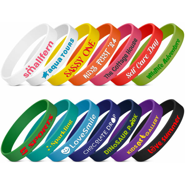 Embossed silicone wristbands in various colours, featuring multiple logos and texts. Suitable for events and exhibitions.