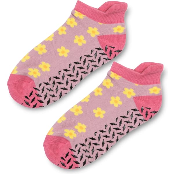 Ankle grip socks in pink with yellow floral patterns and a black traction sole. Features a logo on the design.