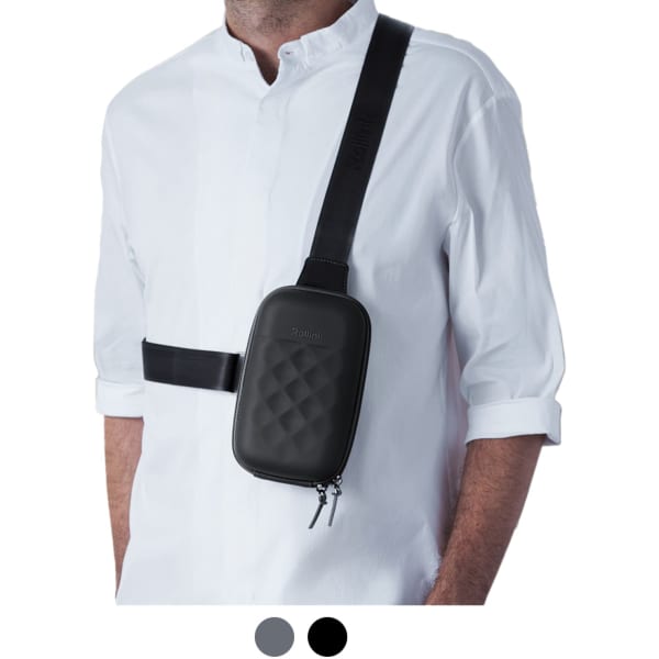 A black roll-top mini bag worn across a person’s body, featuring a quilted design and adjustable strap.