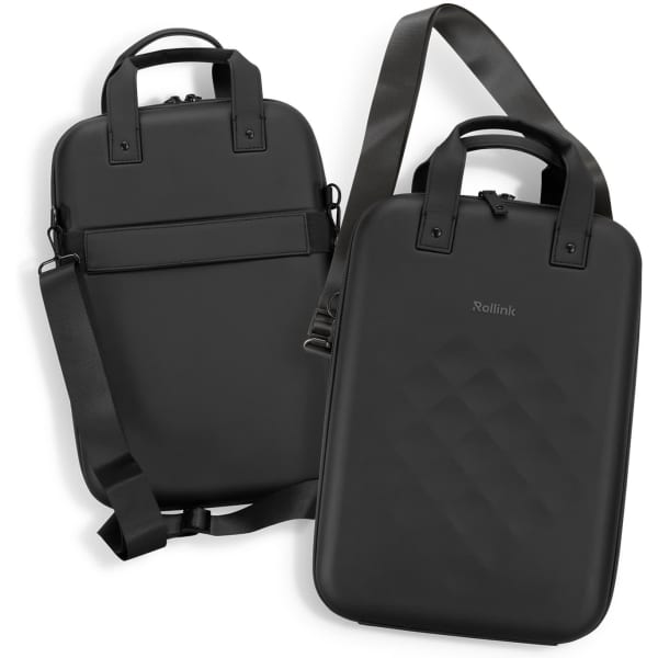 A black Rollink Laptop Case Go featuring a textured design, dual handles, and an adjustable strap.