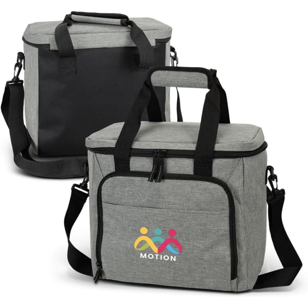 A grey cooler bag with a black base and adjustable strap, featuring a logo on the front.