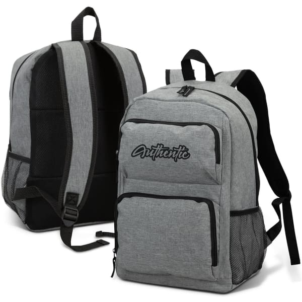 A grey backpack with a textured finish, featuring padded straps and a mesh side pocket, has a logo prominently displayed.