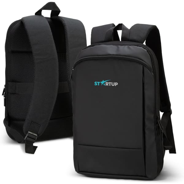 A black backpack featuring padded straps and a smooth finish, with a logo on the front.