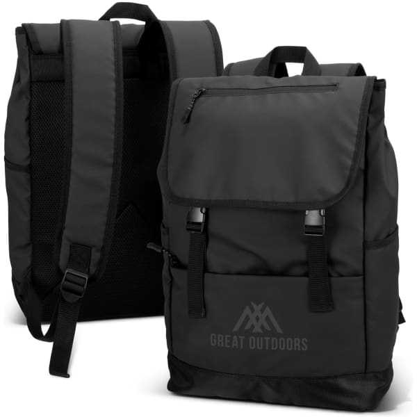 A black soft touch backpack featuring a flap closure, adjustable straps, and a logo.