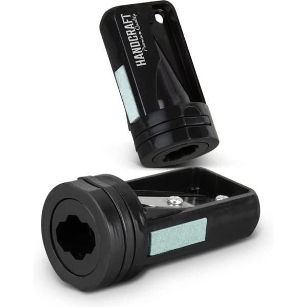 A carpenter's pencil sharpener in black, featuring a sleek design and a logo, designed for sharpening pencils efficiently.