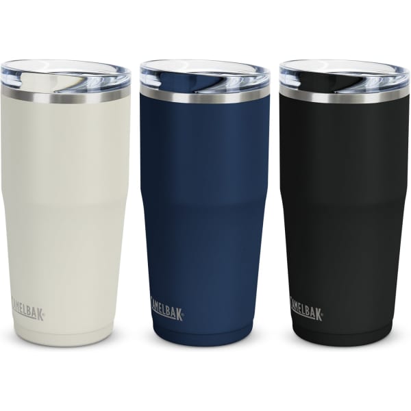 A drink bottle set featuring three CamelBak Thrive vacuum tumblers in white, navy, and black with a clear lid and a logo.