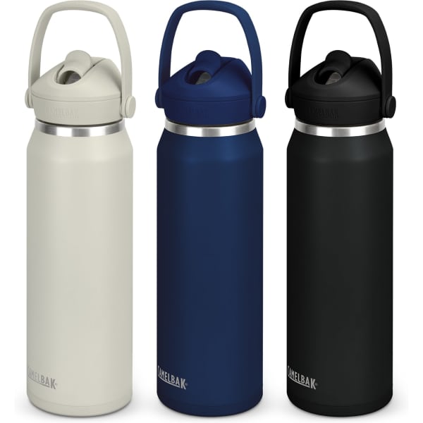 A drink bottle set featuring three 1L vacuum bottles in cream, navy, and black, each with a strap handle and branding.