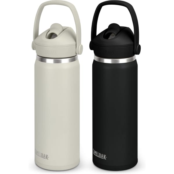 A drink bottle set featuring a light beige and a black vacuum-insulated design with a flip straw and handle.