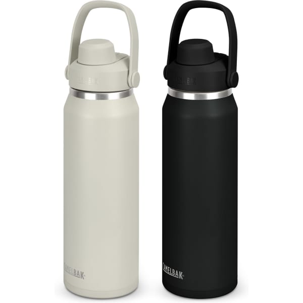 A drink bottle set featuring two CamelBak Thrive Chug Vacuum Bottles in cream and black with carrying handles.